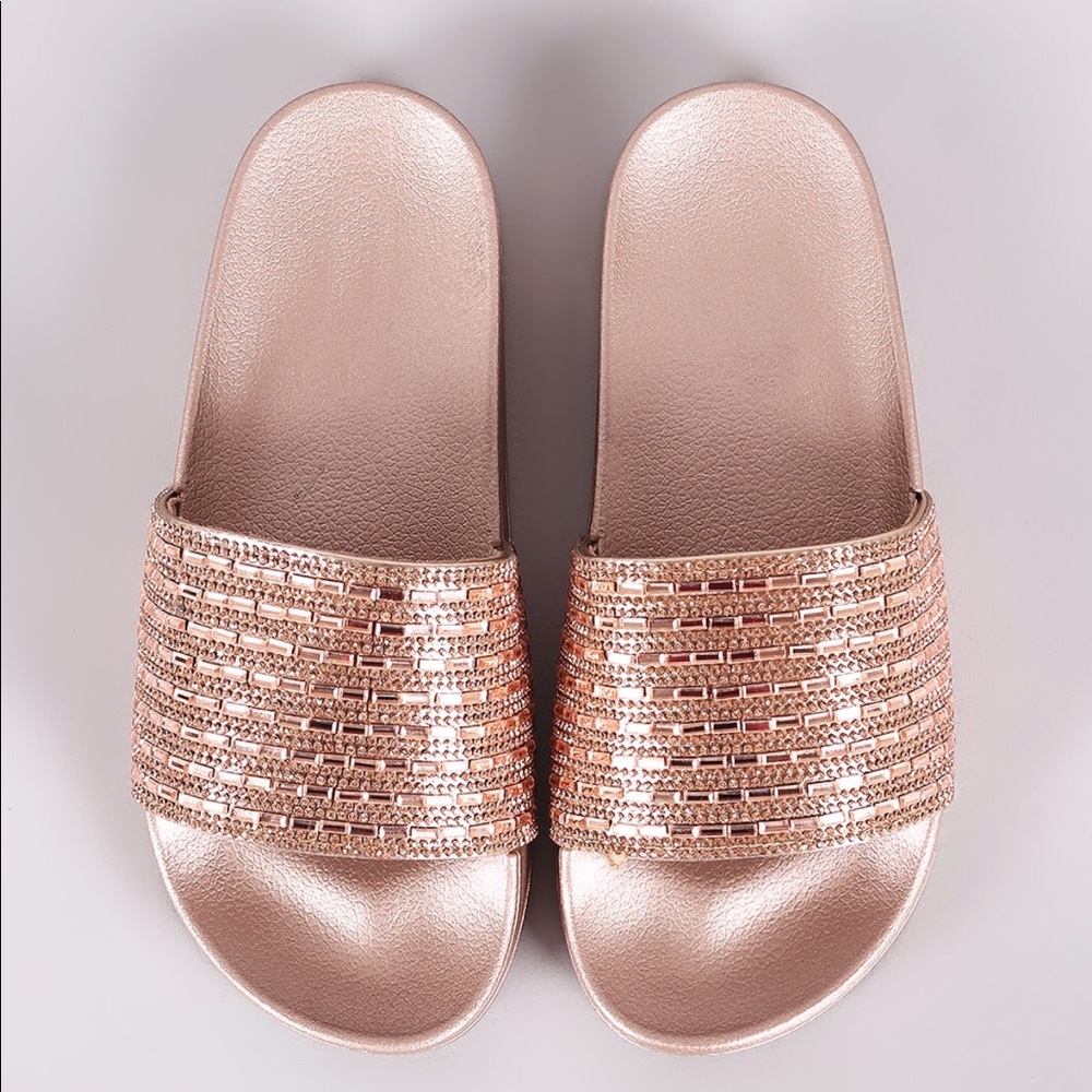 Rose Gold Rhinestone Crystal Mirror Slides Sandals Metallic Sandals